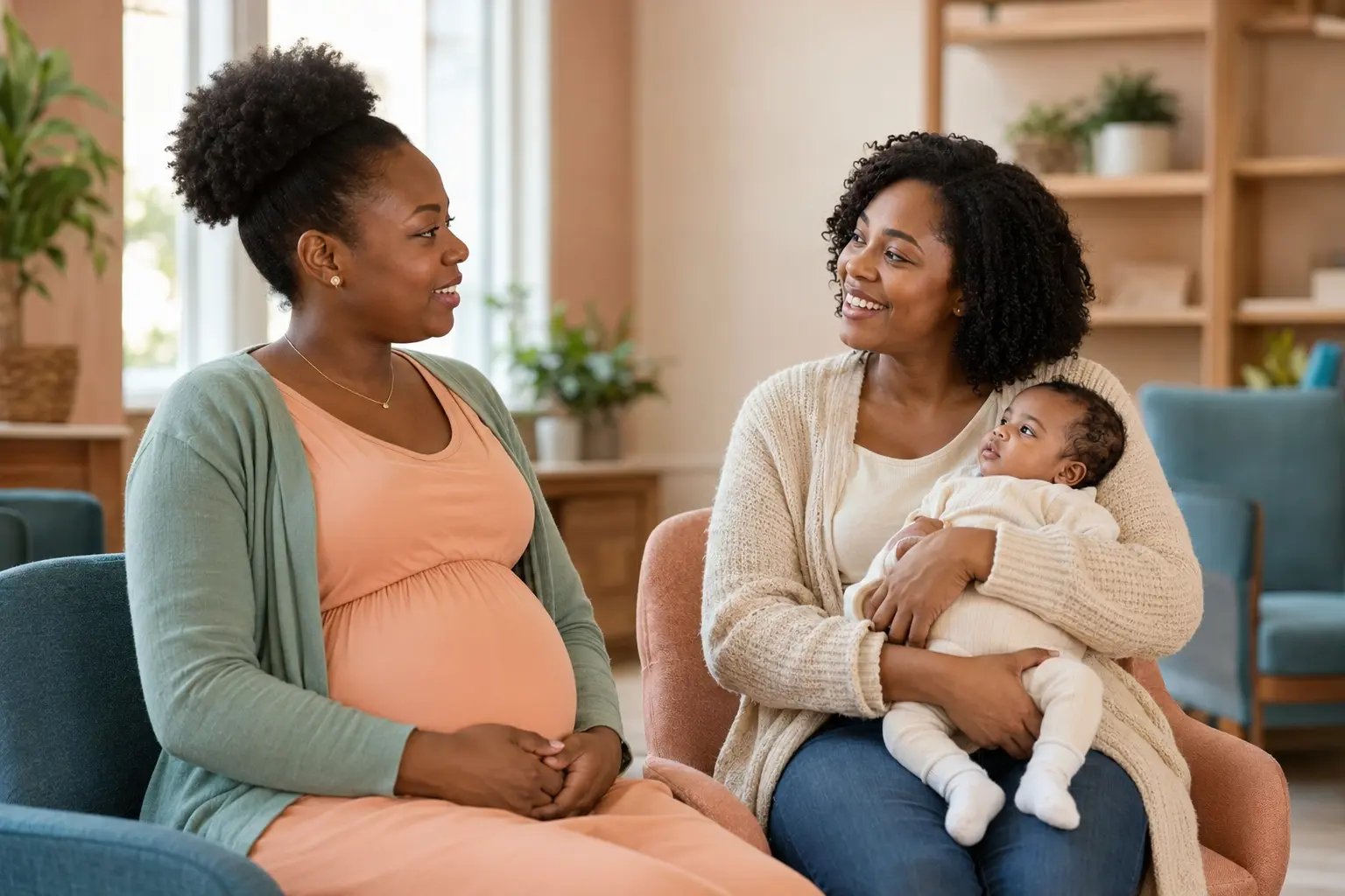 A pregnant mom connecting with a new mom and her baby in a welcoming community setting