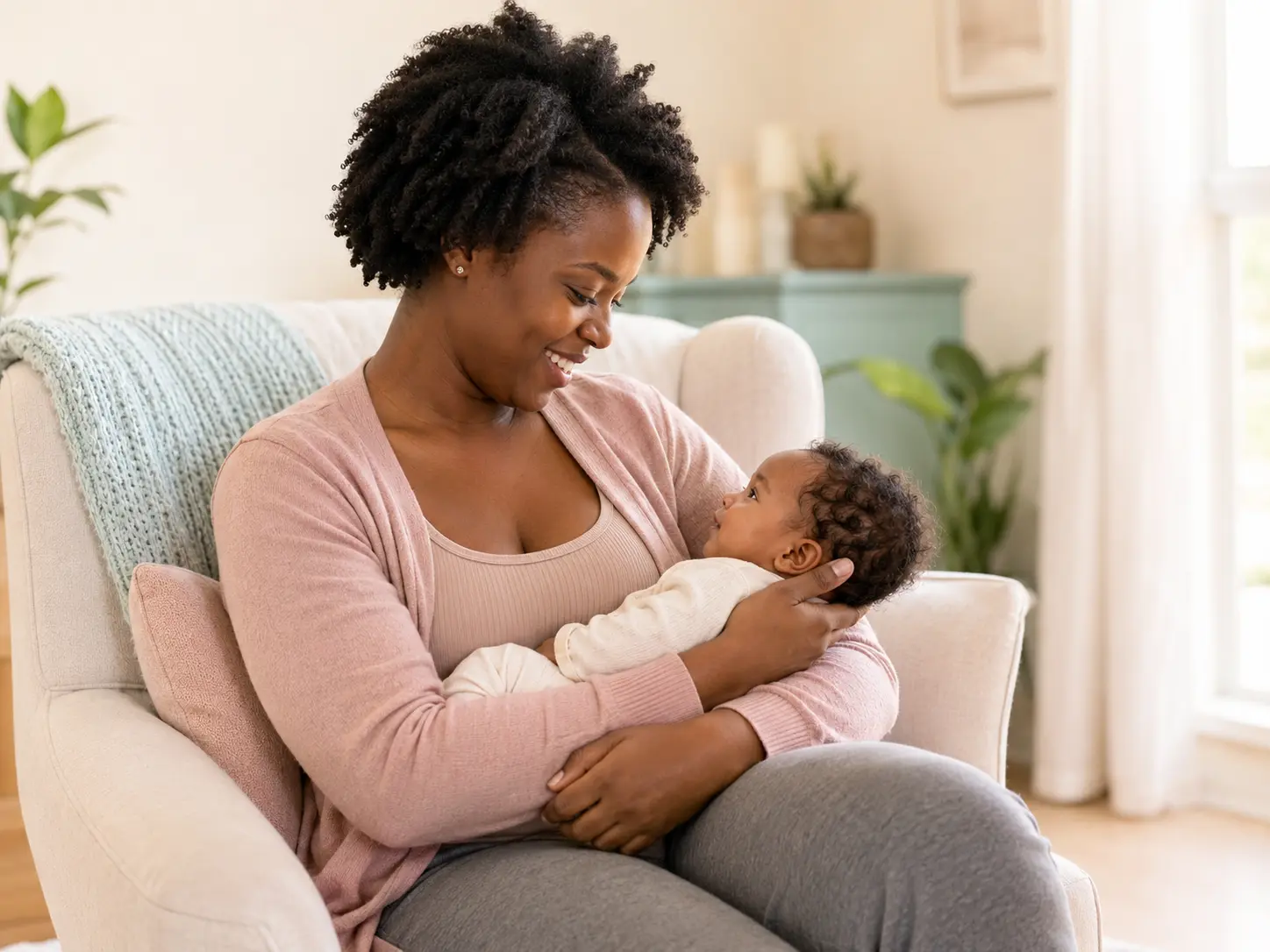 A new mom smiling at her baby