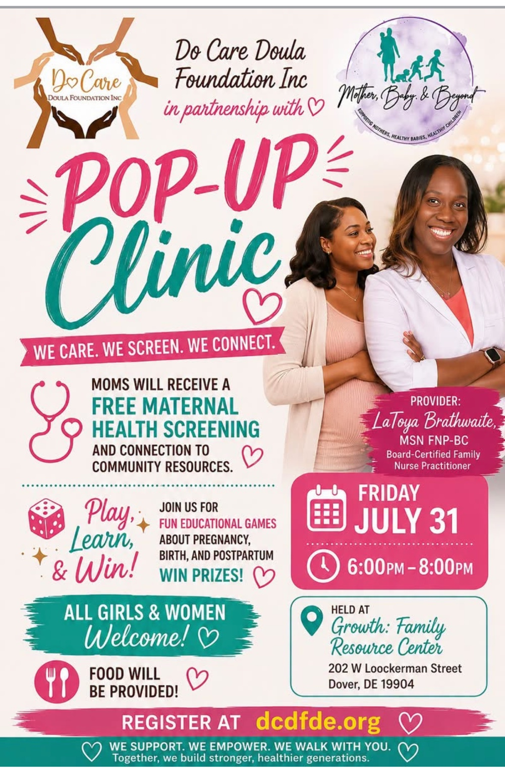 Pop-Up Clinic event flyer from Do Care Doula Foundation Inc. and Mother Baby & Beyond